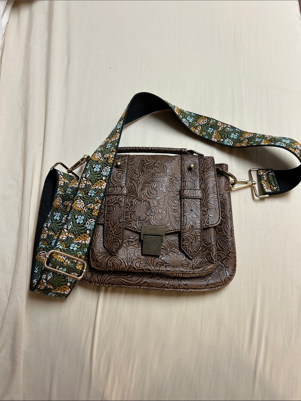 Brown Tooled Leather Crossbody Bag with Floral Strap